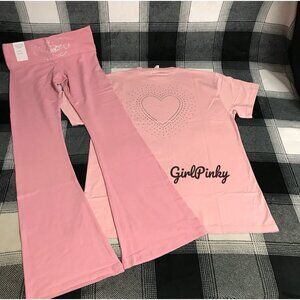 VS PINK FLARE LEGGINGS IN CAMEO PINK & CAMPUS TEE BLING HEART LOGO SIZES XS & S